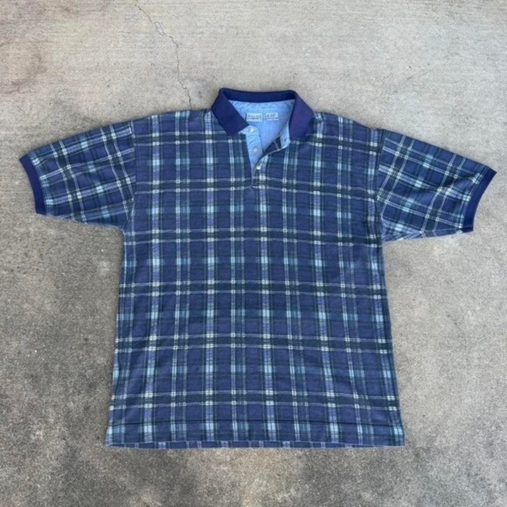 Bugle Boy Company Polo Shirt Mens XL Blue Plaid Short Sleeve Vintage 90s Casual